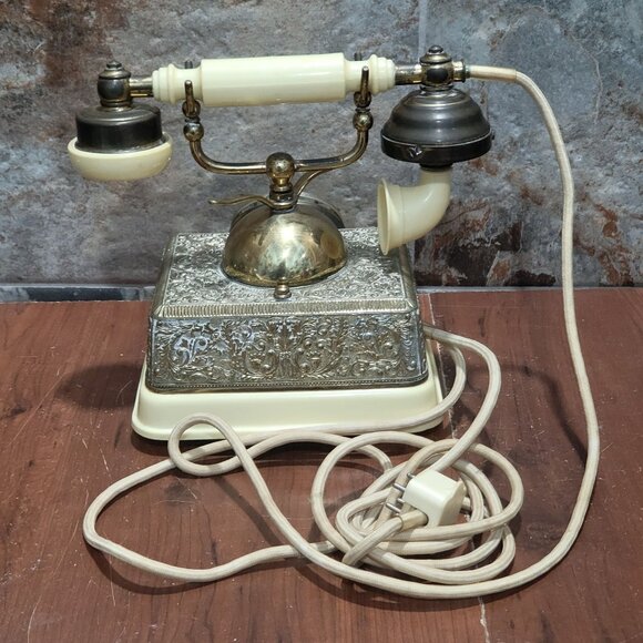 Vintage French Victorian Style Cream & Gold Rotary Dial Cradle Phone Desk Teleph - Picture 3 of 15
